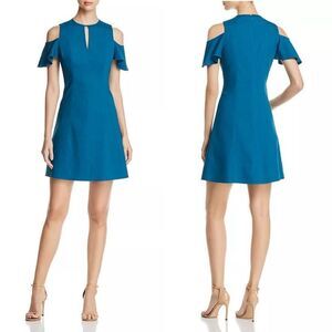 Elie Tahari Raylan Cold-shoulder Keyhole Dress In Marina Teal Blue Linen Size 8